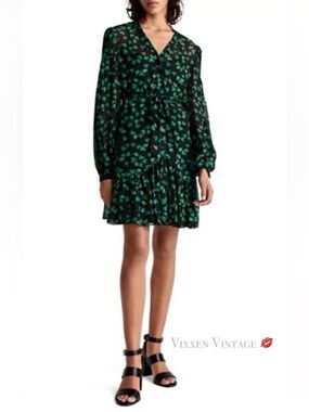 THE KOOPLES CILANTRO TIERED RUFFLE BELTED ‘NAIVE FLOWERS DRESS’ IN BLACK
